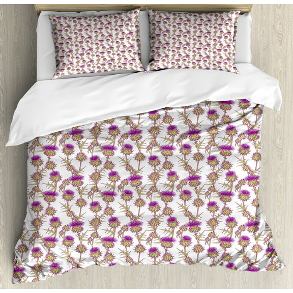 Thistle King Size Duvet Cover Set, Summer Floral Theme with Continuous Thistle Flowers and Buds, Decorative 3 Piece Bedding Set with 2 Pillow Shams, Apple Green Purple and White, by Ambesonne