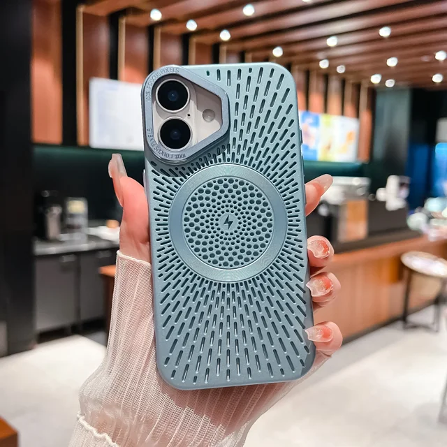 Luxury Matte Hollow Radiating Case for iPhone 16 15 14 13 12 Pro Max 16ProMax Magnetic For Magsafe Wireless Charger Bumper Cover Far Peak Blue For iPhone 16ProMax
