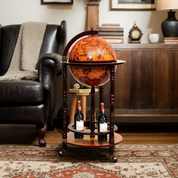 Resenkos 16th Century Wood Globe Wine Bar Stand, Liquor Bottle Shelf, Globe Wine Bar Stand，16th Century Italian-Style Bar Rack