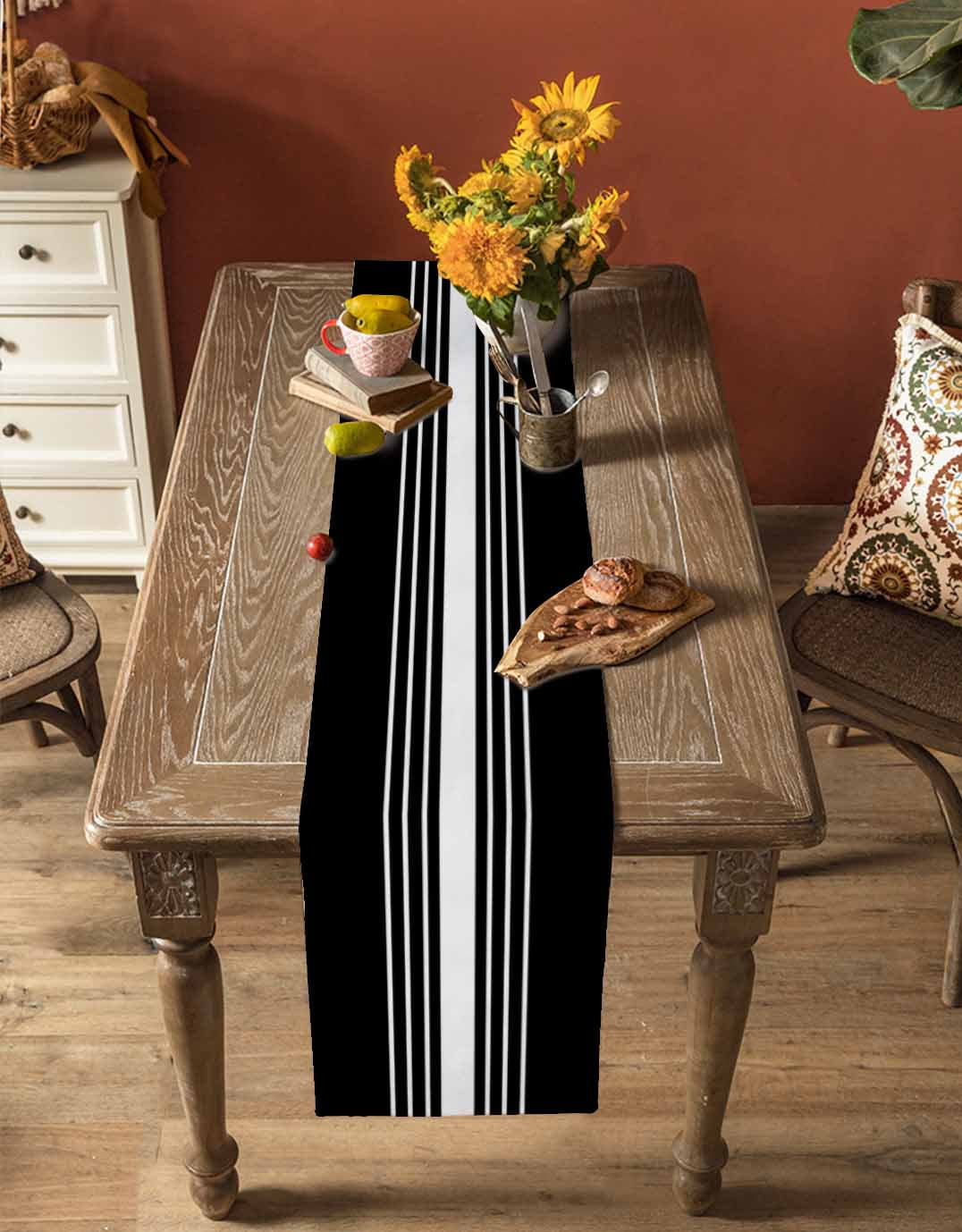 Modern Black White Striped Table Runner-70 Inch Long Abstract Minimalist Art Table Runners Linen Burlap Tablerunner for Kitchen Dining Room Holiday Party