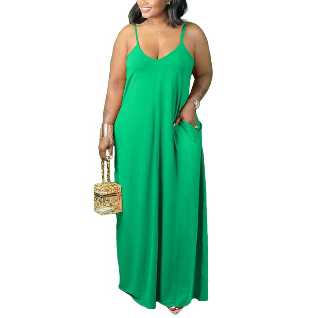 UKAP Ladies Maxi Dress Sleeveless Plus Size Plain Solid Color Sling Oversized Beach Sundress Green 2XL