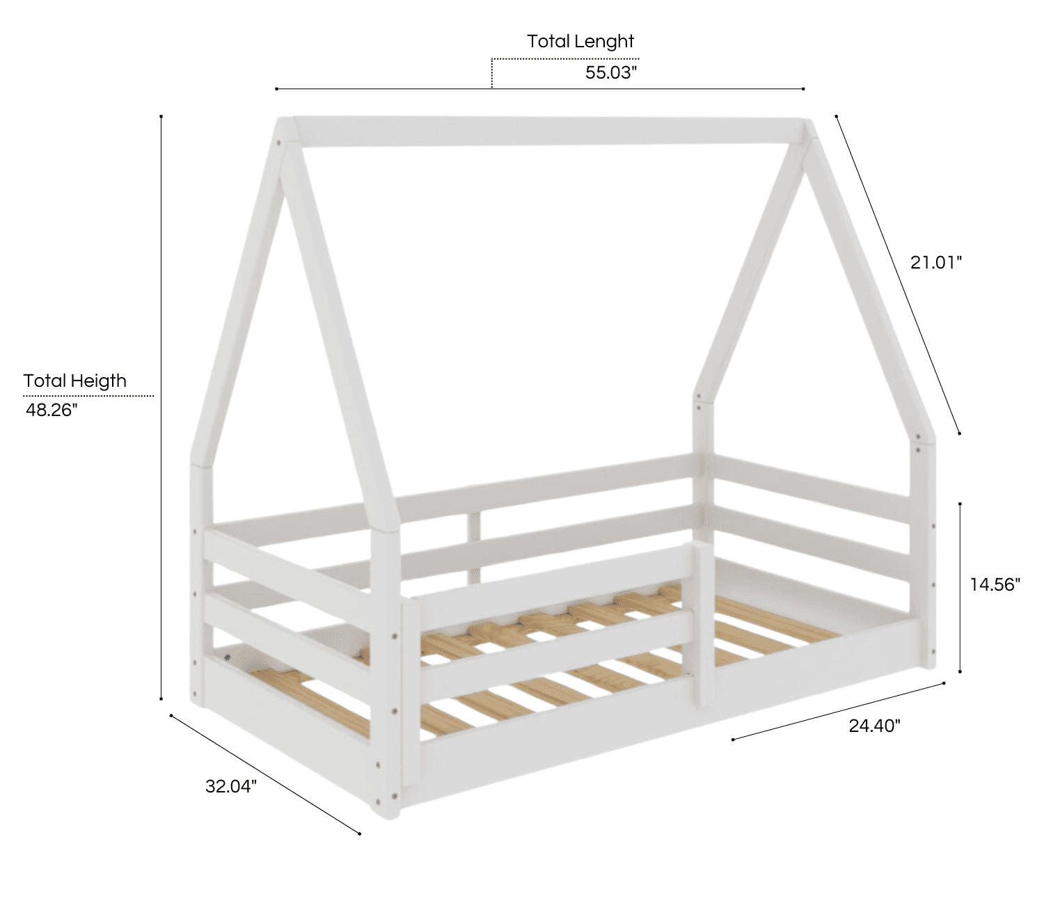 From the Tree Furniture Toddler House Bed with Guardrails, White, Solid Pine Wood