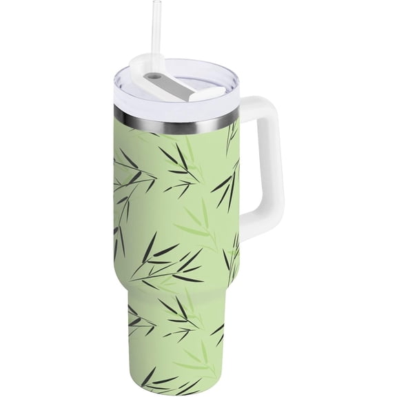 30 oz Tumbler with Handle Lid and Straw Insulated Water Tumbler Stainless Steel Water Cup Mug Bottle Reusable Cup Holder Friendly Green Bamboo Leaves