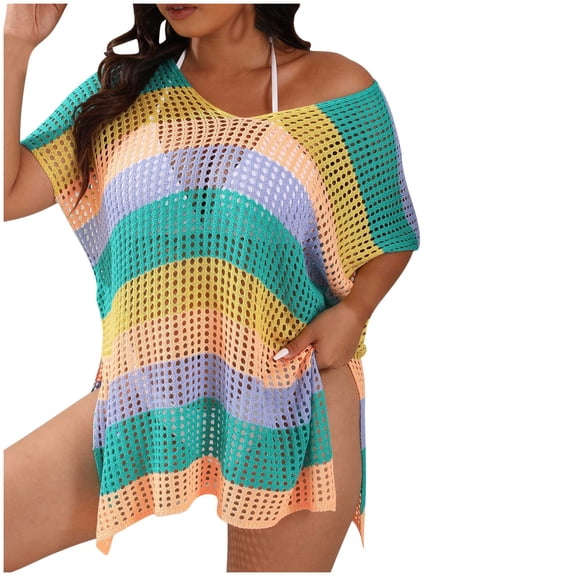 Women's Plus V Neck Short Sleeve Colorful Striped Crochet Swimsuit Cover Up Side Split Loose Beach Mini Dress Swimsuit Coverup Green One Size