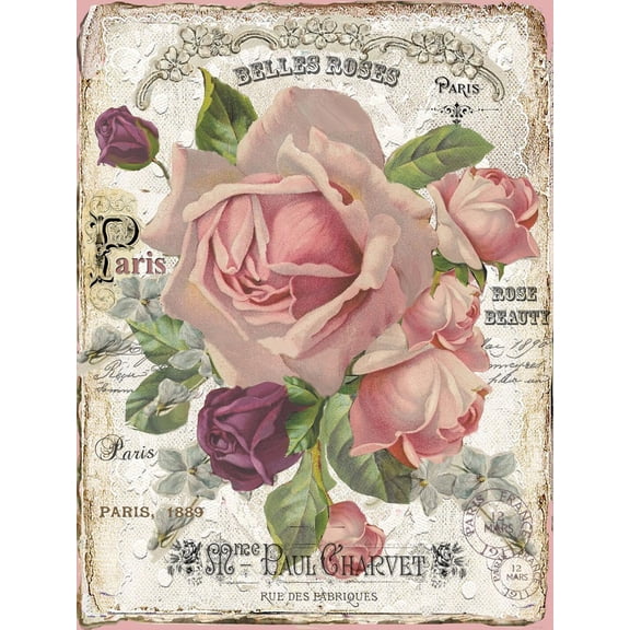 Vintage Farmhouse Garden Metal Tin Sign, Enchanted Cottage Rose, 12 x 8 Inch Wall Decor