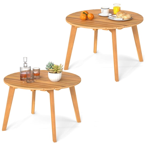 Gymax 2PCS Outdoor Acacia Wood Side Table Patio 24.5'' Round End Table w/ Slatted Tabletop
