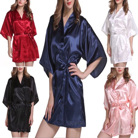 US Women robe Silk Satin Robes Wedding Bridesmaid Bride Gown kimono Solid