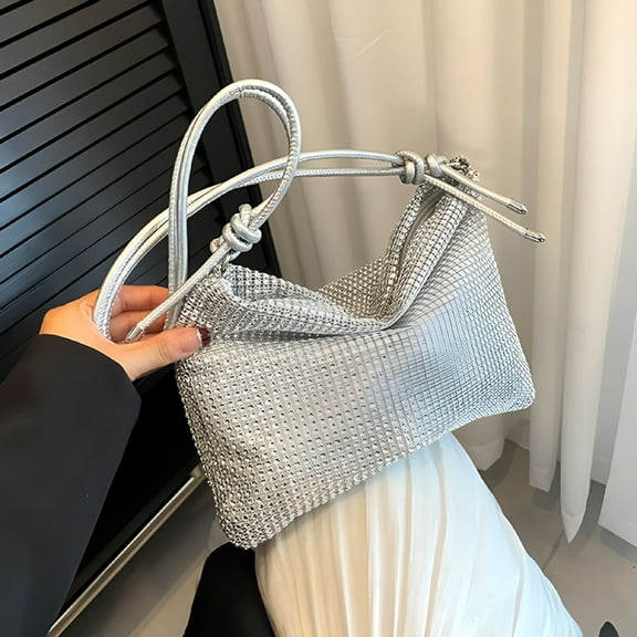 TELOLY Women's Rhinestones Evening Bag Shiny Dinner Party Wedding Purses Handbag Female Shoulder Bag, Silver