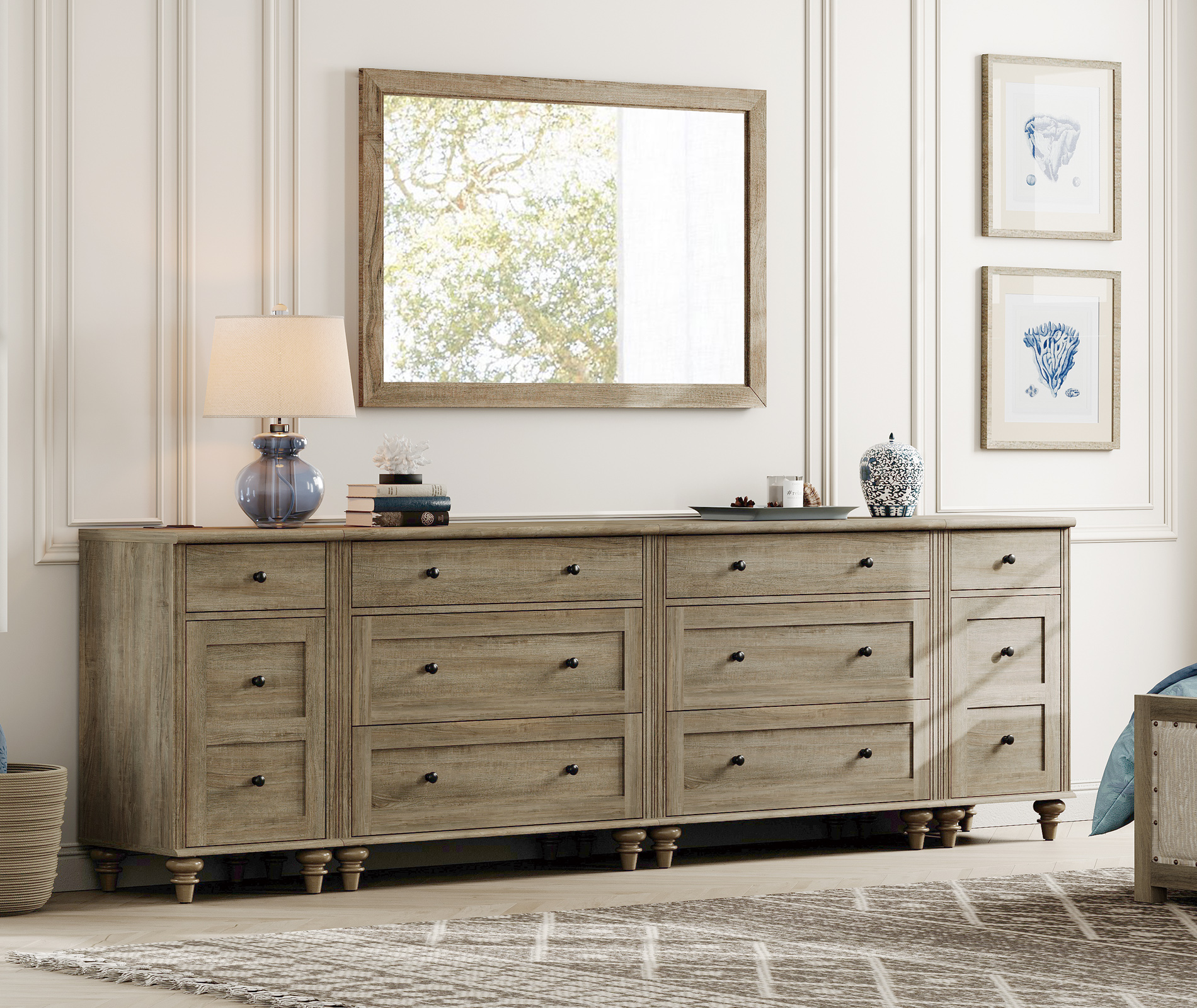 WAMPAT Dresser for Bedroom with 8 Drawers and 2 Storages, Dresser with Charging Station for Living Room, Gray Dressers with Wide 3 Chest of Drawers, for Nursery, Hallway, Wash Grey