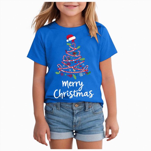 NOLDARES Christmas Shirts Girl Cotton Short Sleeve Tshirts Santa Xmas Tree Bow Graphic Tees,A610-Blue