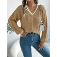 thumbnail image 3 of Women'S Long Sleeve V Neck Cable Knit Sweater 2025 Fall Pullover Top Cute Soft Dressy Casual Outfits Khaki S, 3 of 8