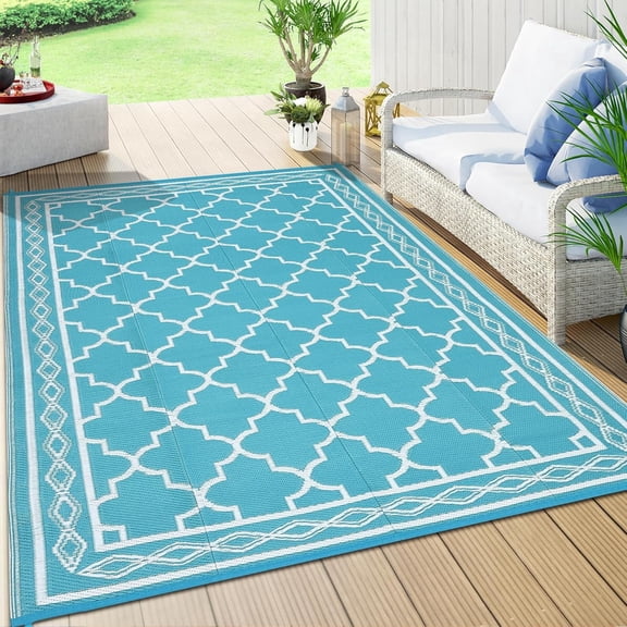 8x10 Outdoor Rug - Waterproof Reversible Modern Geometric Trellis Patio Rug Teal/White