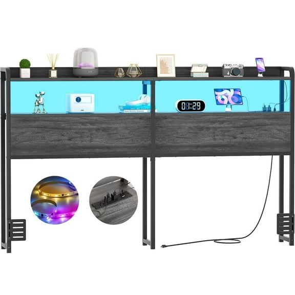 Homieasy Headboard for Queen Size Bed Frame, Headboards with Outlets, USB Ports and LED Light, Head Board with Storage, Height Adjustable, Sturdy and Stable Headboard, Black Oak