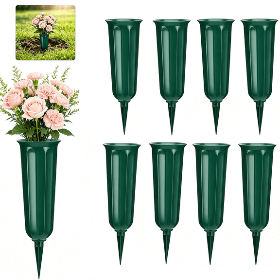 8 Pack Green Cemetery Vases with Spikes Grave Decorations for Cemetery,Grave Flower Holder Memorial Flower Vase Plastic