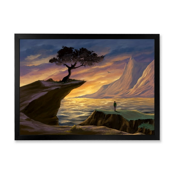 Designart 'Tree On A Sea Cliff At Evening Light' Lake House Framed Art Print