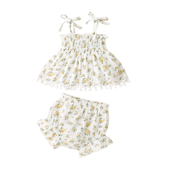 Toddler Girl Summer Clothes Outfit For 12-18 Months Baby Girl Comfortable And Breathable Set Cute Flower Printed Sleeveless Top Shorts Two Piece Set Yellow Children's Day Gift 2PCS Set