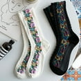 thumbnail image 6 of AYYUFE 5 Pairs Middle Tube Twist Warm Women Socks Flower Pattern Ethnic Print Crew Socks for Autumn Winter Black, 6 of 8