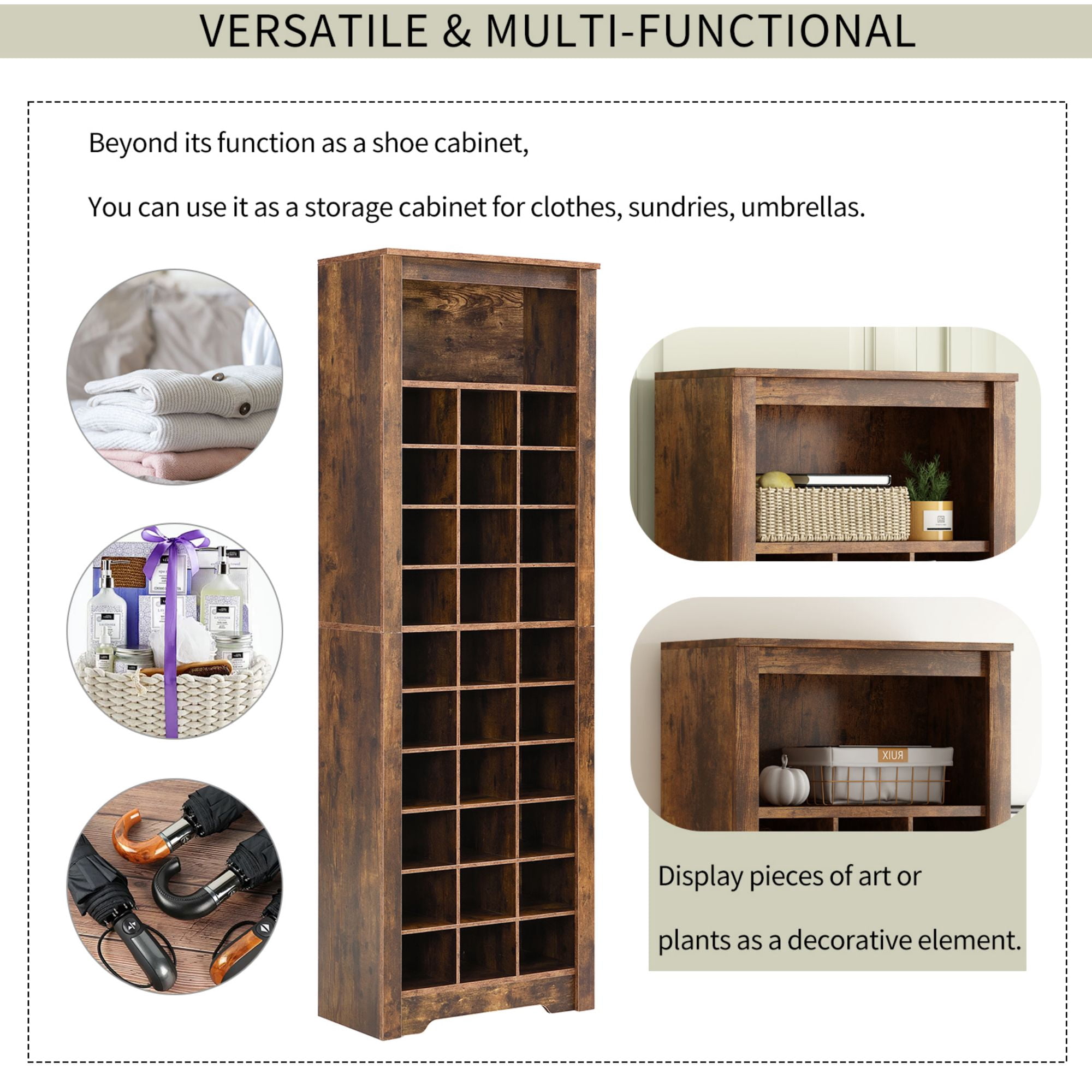 DEALTOPS Modern Freestanding Shoe Cabinet with 30 Square Shoe Compartments, Tall Stylish Shoe Rack with Large Storage Capacity for Entryway - Rustic Brown