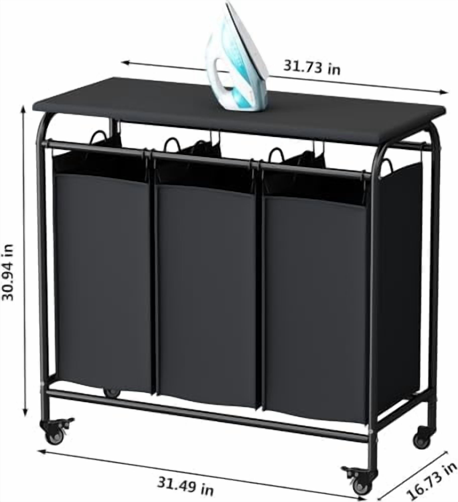 3 Bag Laundry Basket Sorter Heavy Duty Rolling Lockable Wheels Laundry Hamper Cart with Ironing Board and Removable Bags, Black