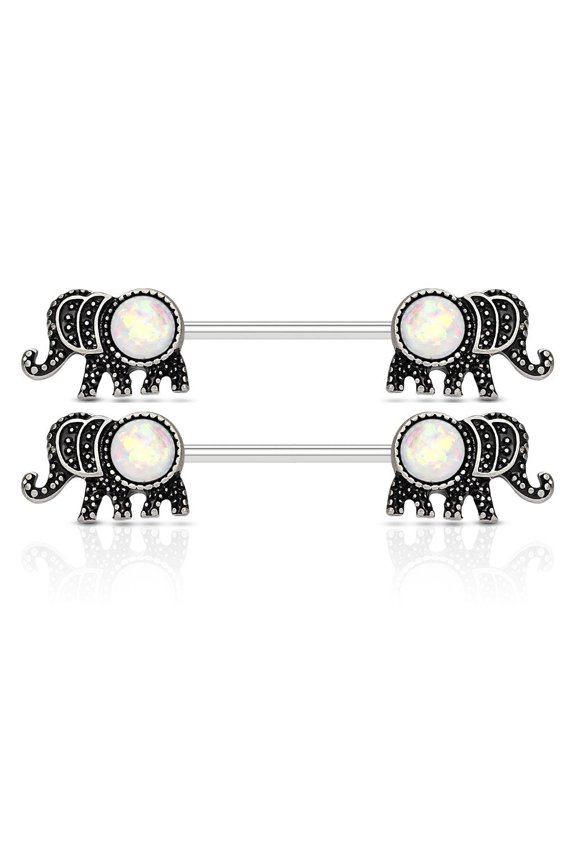 14GA Elephant w/Synthetic Opal Glitter Set 316L Surgical Steel Barbell Nipple Ring - SOLD AS PAIR