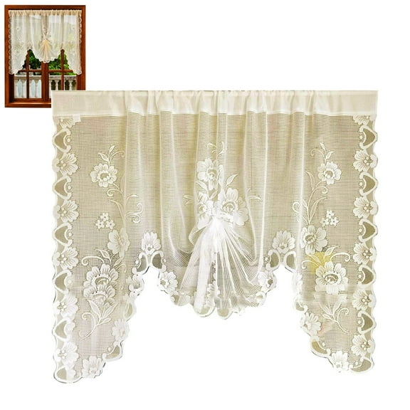 Scheam Beige Semi Sheer Floral Lace Curtain,1 Panel Short Tie Up Valance,Flower Embroidery Swag Curtain,Flower Roman Curtain,for Kitchen Bathroom Half Window (70"×39")