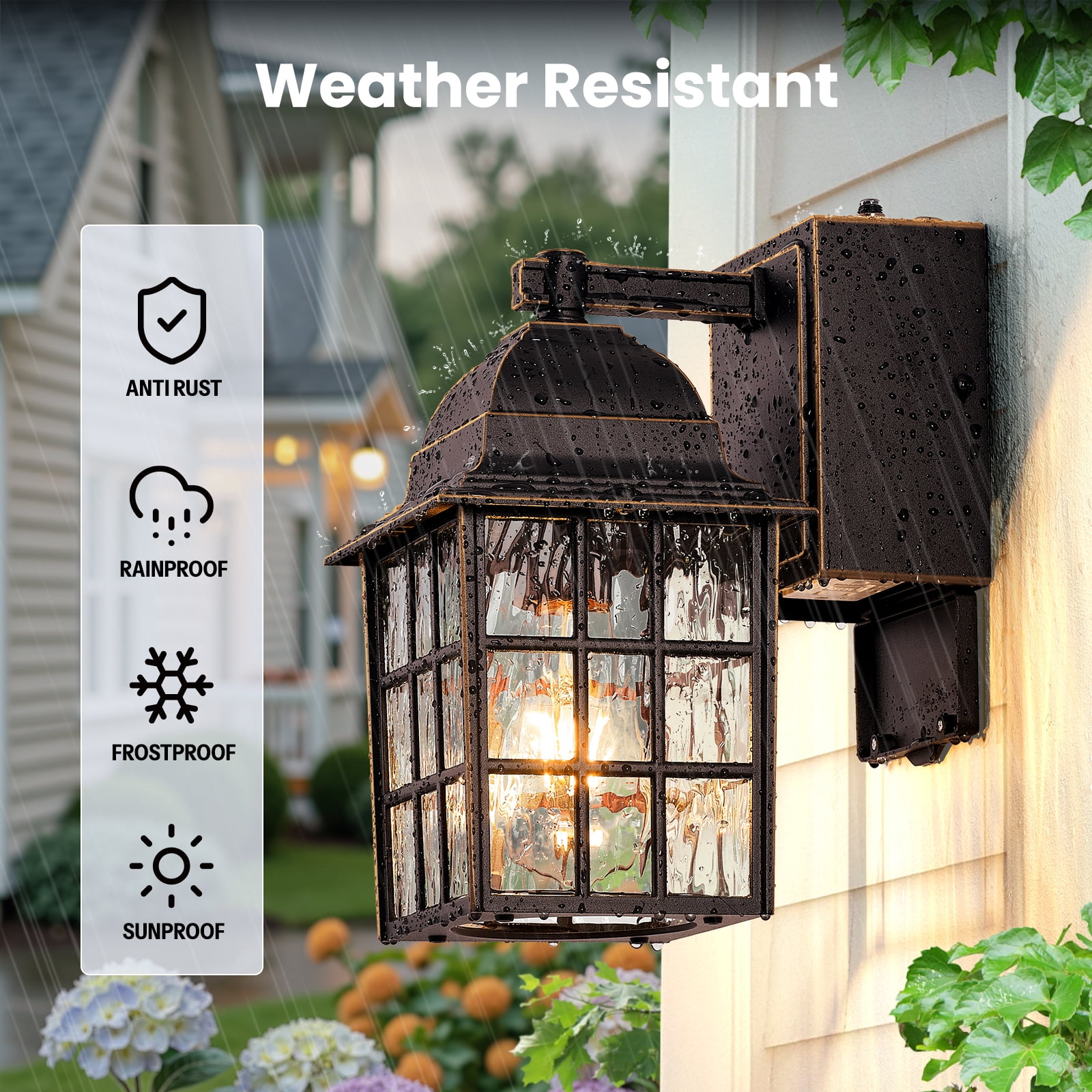 Gleamz Dusk to Dawn Outdoor Porch Light with GFCI Outlet, Farmhouse Oil Rubbed Bronze Gold Trim Outside Wall Sconce Lantern, Waterproof Exterior Garage Lighting Fixtures Wall Mount for House
