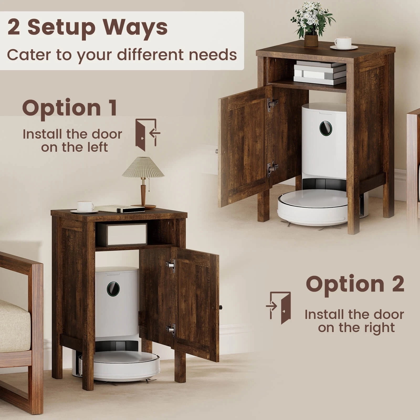 DRAZUNO Robot Vacuum Stand Cabinet with Door & Open Shelf for Home Office Living Room