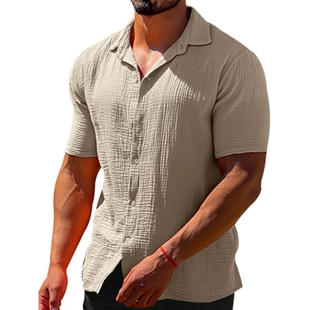 Bellella Men Summer Shirts Lapel Neck Tops Short Sleeve Blouse Regular Fit  Button Down Tee Mens T-shirt Light Khaki 2XL