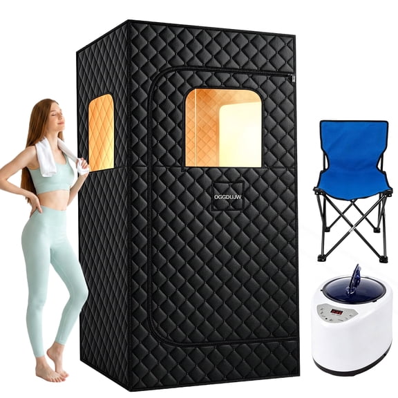 OGGDUJW Portable Sauna Box for Home, Personal Spa Steam Sauna Tent with Chair, 9 Temp Levels & 99 Min Timer, 5-Layer Waterproof Insulation, Black