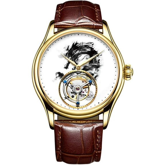 AESOP Real Tourbillon Skeleton Hand-Wind Mechanical Wrist Watch Men Sapphire Crystal Manual Business Dress Clock Man Luminous Leather Band Ink Dragon Dial