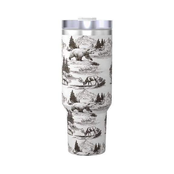 Bear Deer Hunting Cup Insulated Tumbler Stainless Steel Vacuum Travel Mug 40 oz with Handle and Straw Lid