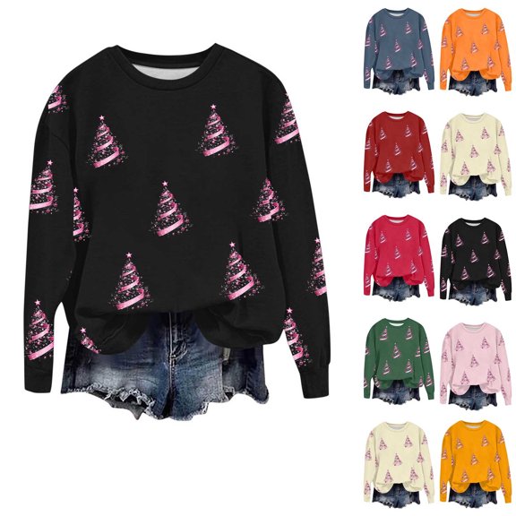 Frostluinai Xmas Tree Shirts for Women Crew Neck Christmas Pullover Tops Long Sleeve Ugly Graphic Sweat Shirts Womens Novelty Christmas Clothes