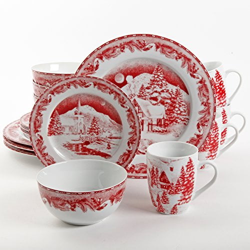 Gibson Elite Winter Cottage 16-Piece Porcelain Dinnerware Set Red FREE2DAYSHIP 