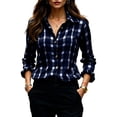 thumbnail image 2 of Hueook Plaid Button Down Shirt For Women Flannel Collared Work Tops Dressy Gingham Fall Long Sleeve Checkered Blouse Navy M, 2 of 7