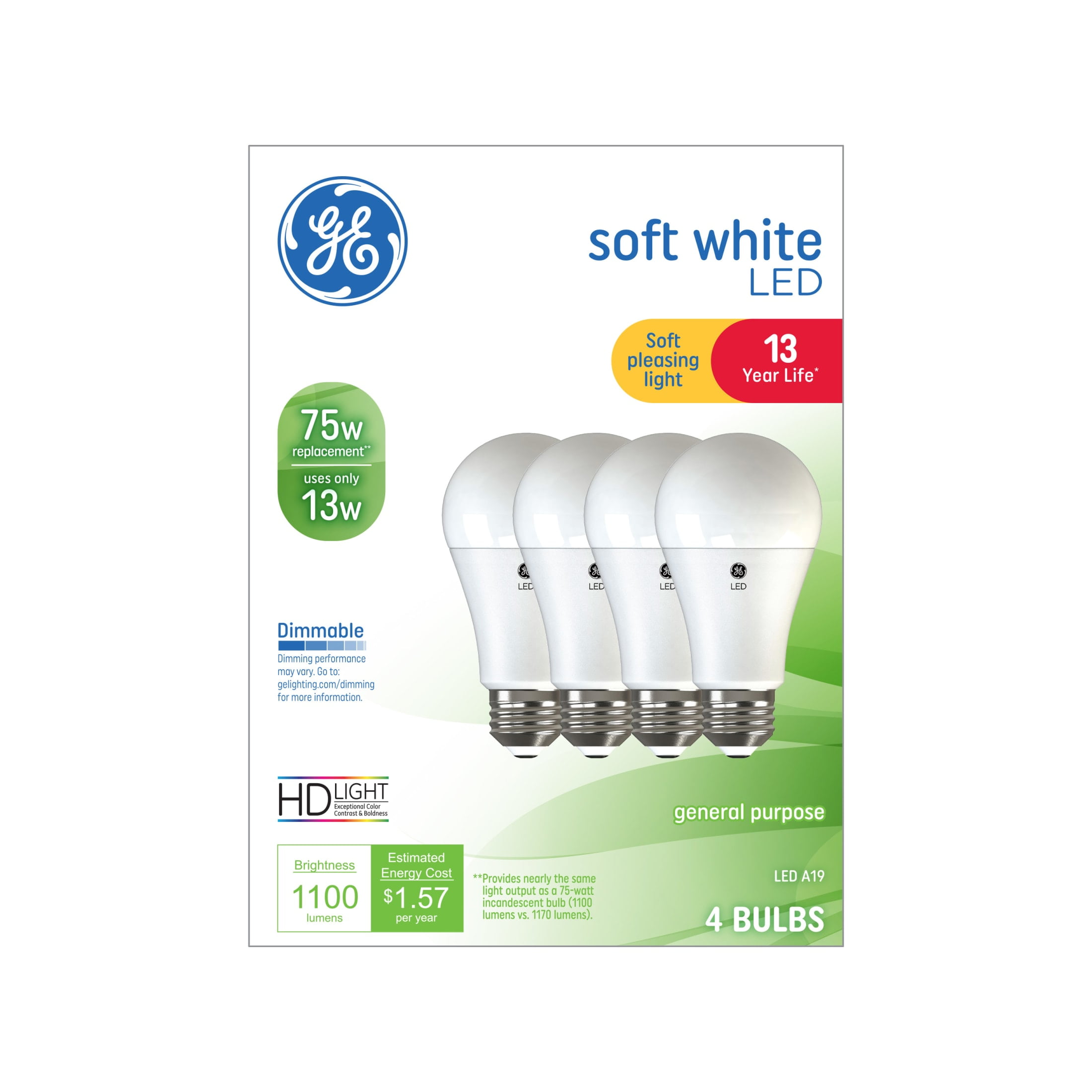 GE LED Light Bulbs, 75 Watt, Soft White, A19 Bulbs, Medium Base, Frosted Finish, 13yr, 4pk