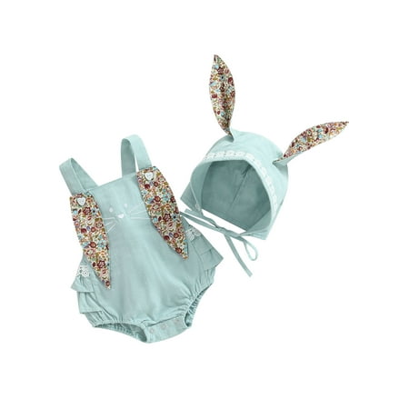 

AmShibel Easter Baby Girls Summer Casual Romper Sleeveless Floral Print Bunny Ear Playsuit with Cartoon Hat
