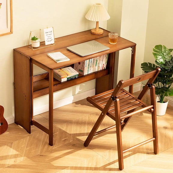 Bamboo Folding Desk, Laptop Desk Writing Desk with Storage Shelf Vanity Table Small Computer Table Space Saving Workstation for Home Office