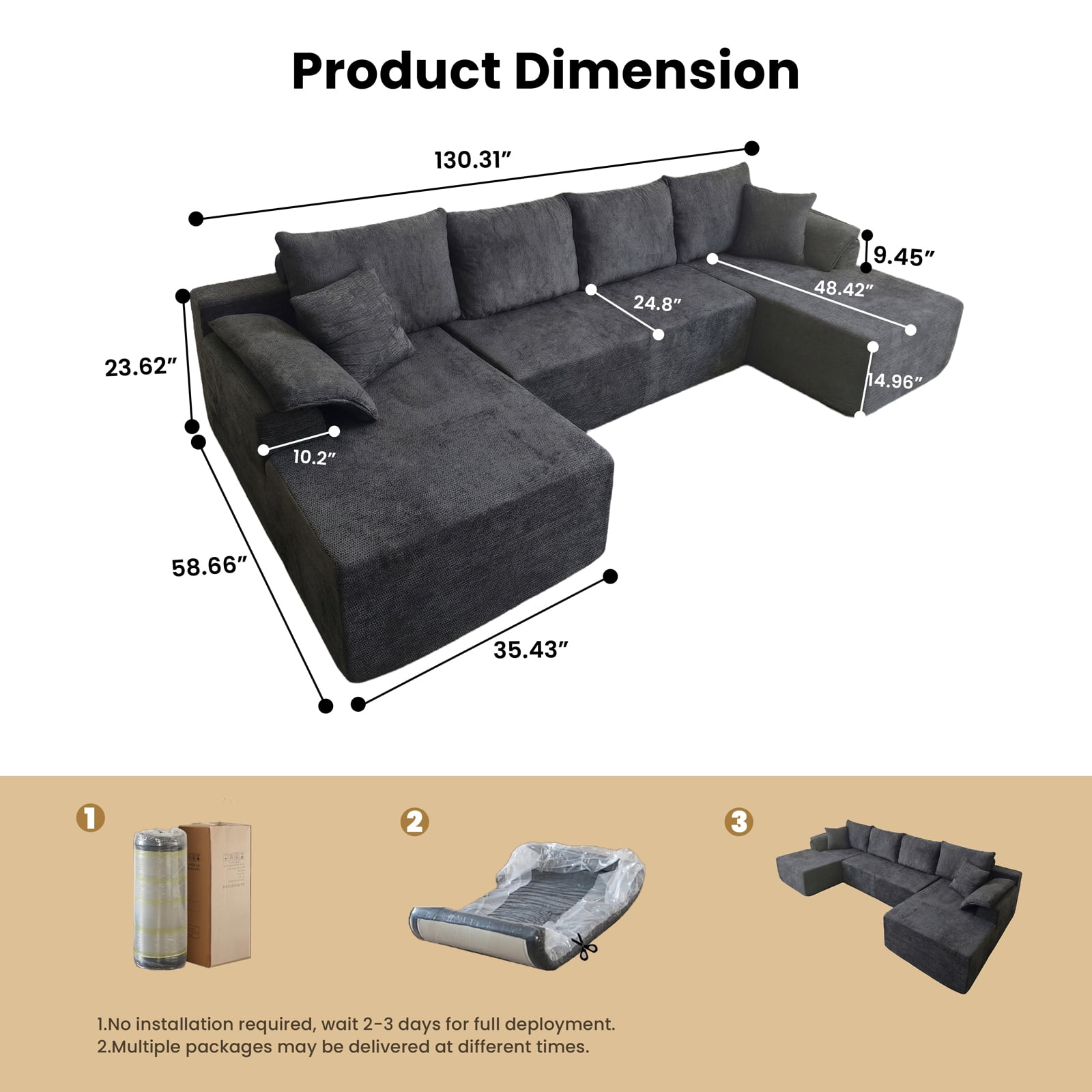 Kelyda 130'' Boneless Sectional Couch, Modern Chenille U Shaped Modular Cloud for Living Room Dark Grey