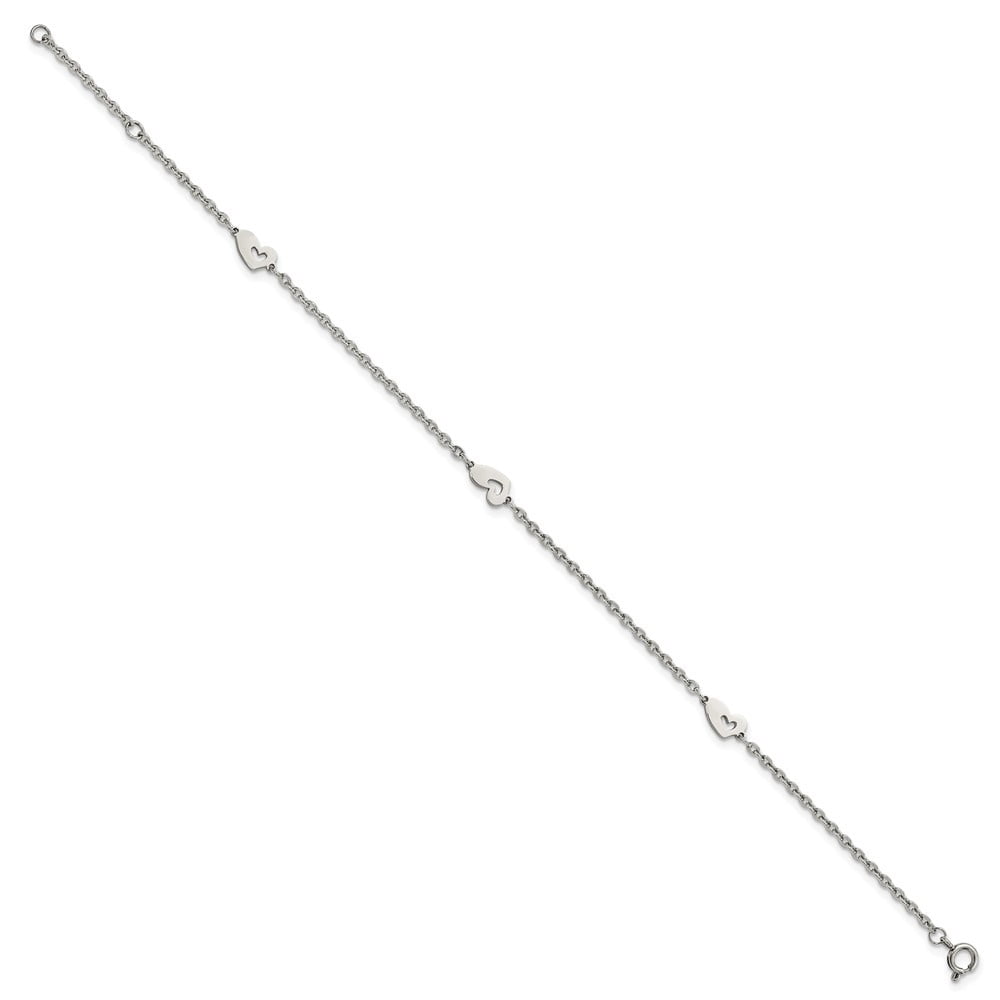 Auriga Fine Jewelry Stainless Steel Polished Hearts 9 inch Anklet Plus 1 inch Extension for Women