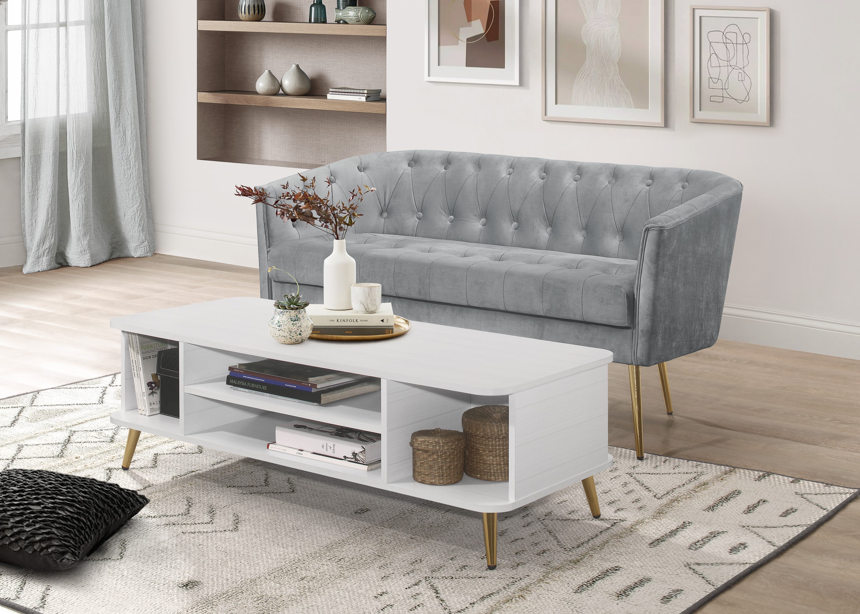 Home Design 2-Piece Cassy Velvet Flared Arm Living Room Furniture Set with Chair with Stool, Loveseat with Coffee Table, Silver Gray
