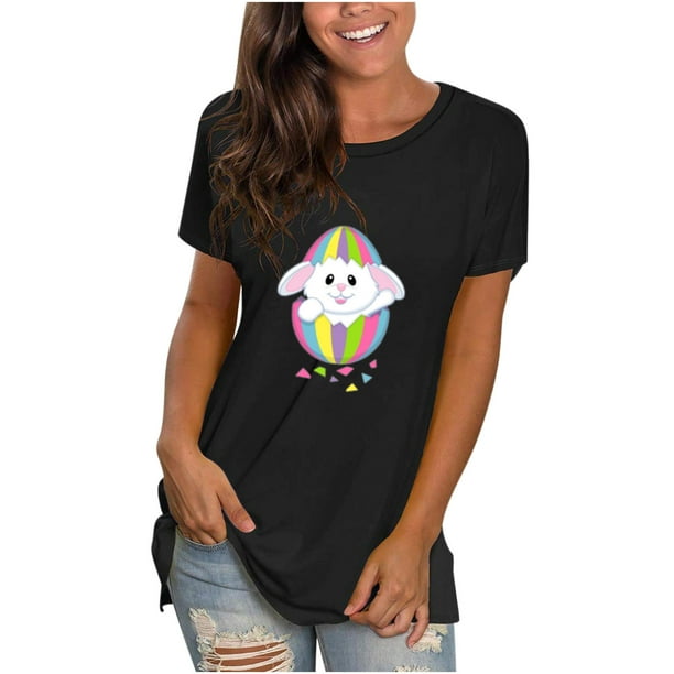Moda mujer Casual Pascua camiseta impresa cuello redondo manga corta pulóver Tops blusa Fridja bn6812