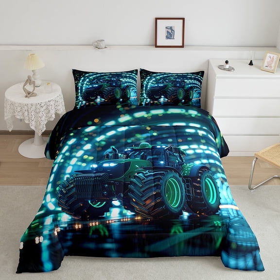 Tractor Bed Teal Green Neon Lights Full Size Bedding Set 3D Cool Car Comforter Glitter Geometric Electric Theme Comforter Set,Soft Microfiber Quilt for Teen Youth Modern Bedroom Decor