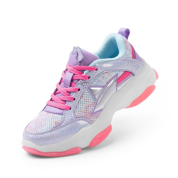 BURUDANI Girls Sneakers Lace-up Lightweight Sparkle StarGlow Breathable Jelly Sole Kids Walking Shoes Casual Sports