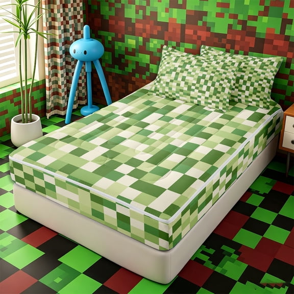 Erosebridal Vibrant Dual Green Checkerboard Zipper Twin Comforter Sets with Fitted Sheet and 2 Pillowcases,Light Sage Square Secondary Tile Zipper Bedding Set,Emerald Cream,4-Piece,Reversible