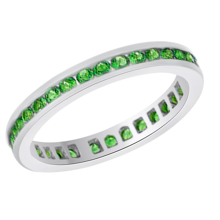 Round Cut Simulated Green Emerald Full Eternity Wedding Band Ring In 14k  White Gold (0.75 cttw)With Ring Size:-8