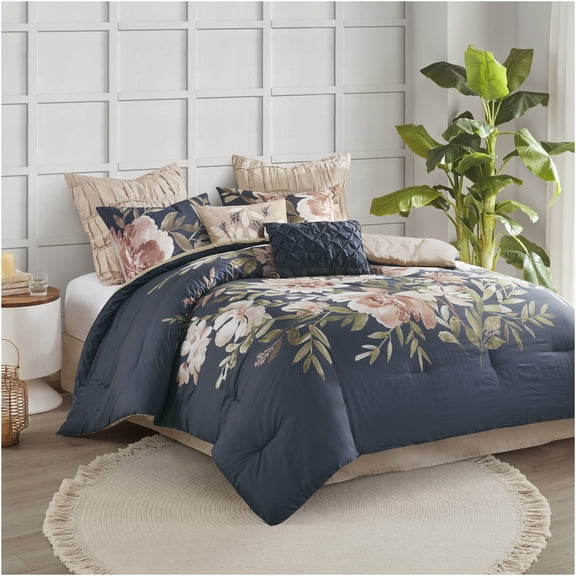 JERFIT Queen Navy 8-Piece Comforter Set, Shabby Chic Floral Bedding Set with Ruffle Sham & Bed Skirt