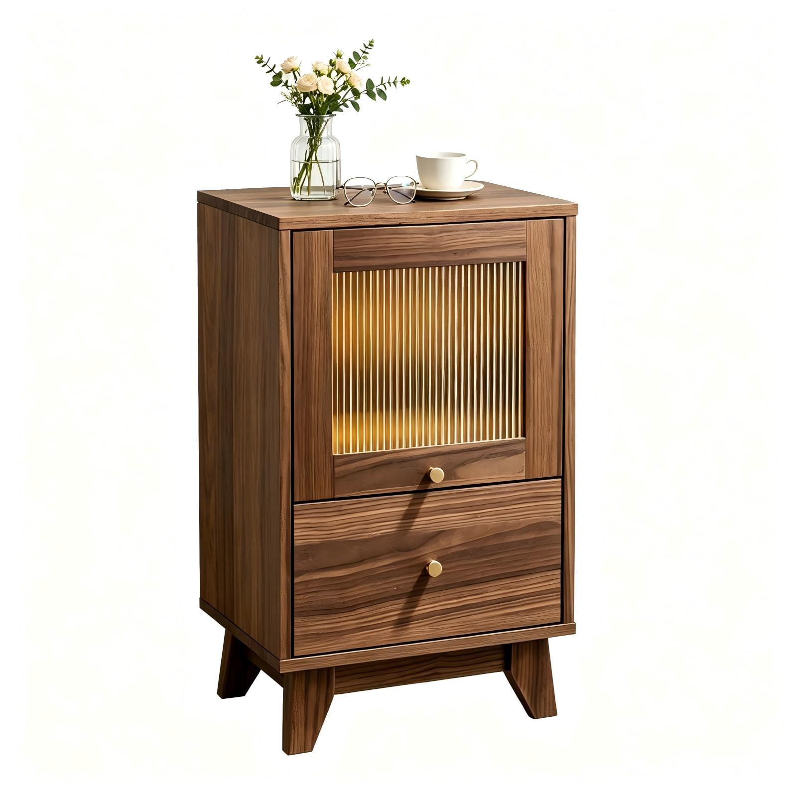 2-Drawer Bedside Table with Frosted Glass, Socket, and 16-Color Light, Walnut, 15.75 x 13.74 x 24.6 in