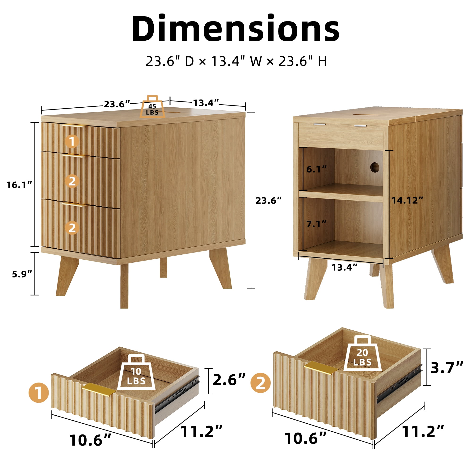 Biemlerfn 3 Drawer Side Table with Charging Station, Narrow End Table with Open Storage, Wooden Nightstand for Bedroom, Living Room, Natural Wood