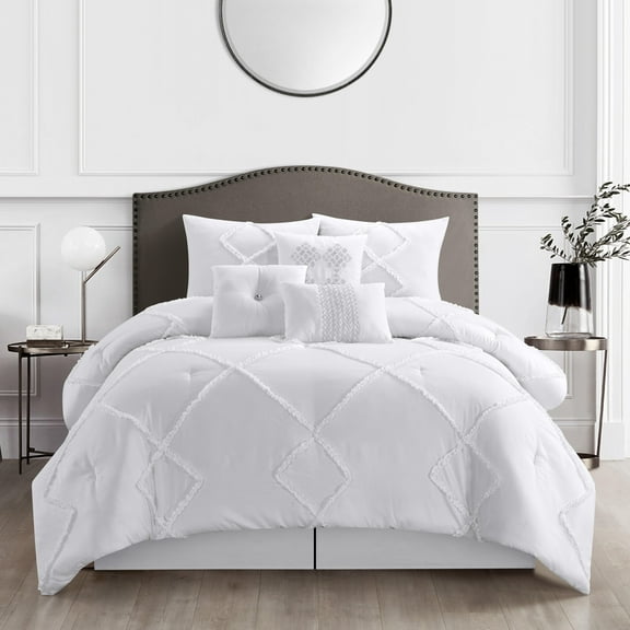 Nanshing Lucero 7 Piece Interlocking Jacquard Comforter Set, White, Queen