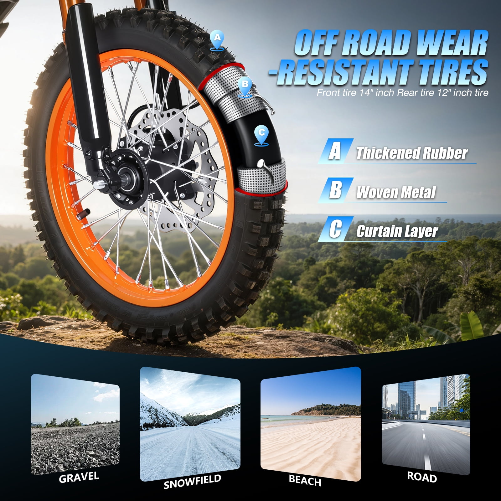 3000W Adult Electric Dirt Bike, 40mph Top Speed, 43-mile Range, 48V 30ah Battery, 14"/12" Fat Tires, Dual Hydraulic Brakes, Full Suspension, UL2849